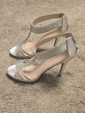 Caparros Silver Rhinestone T-Strap Stiletto Heels